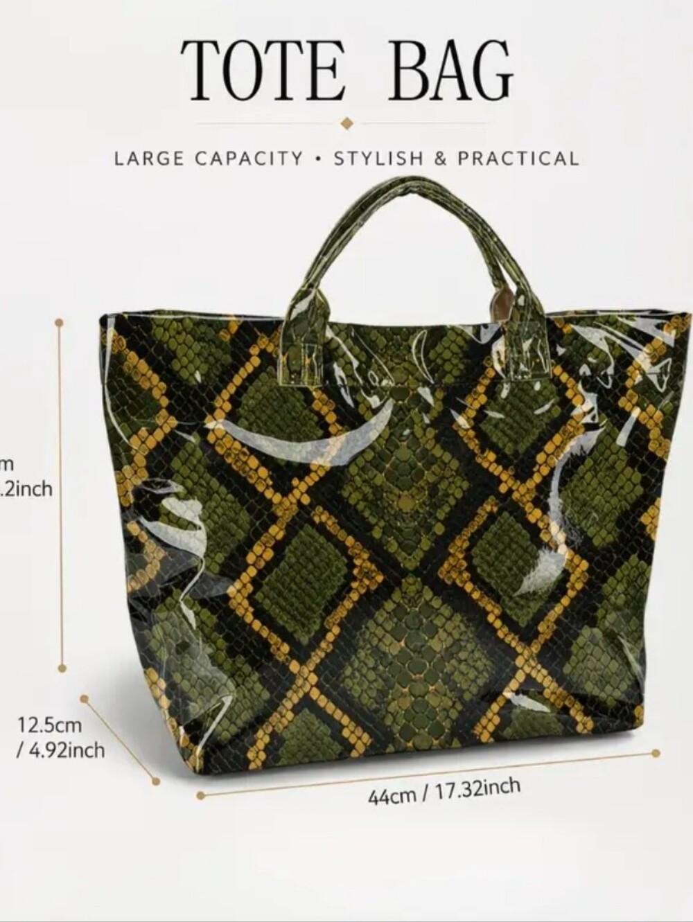 Women Green Olive Daily Commute Snake Skin Tote PVC - Picture 6 of 8